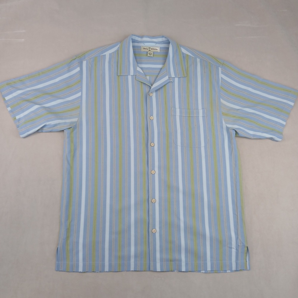 Tommy Bahama Large Mens Shirt Hawaiian Camp Silk Blue 23x30 FLAWS